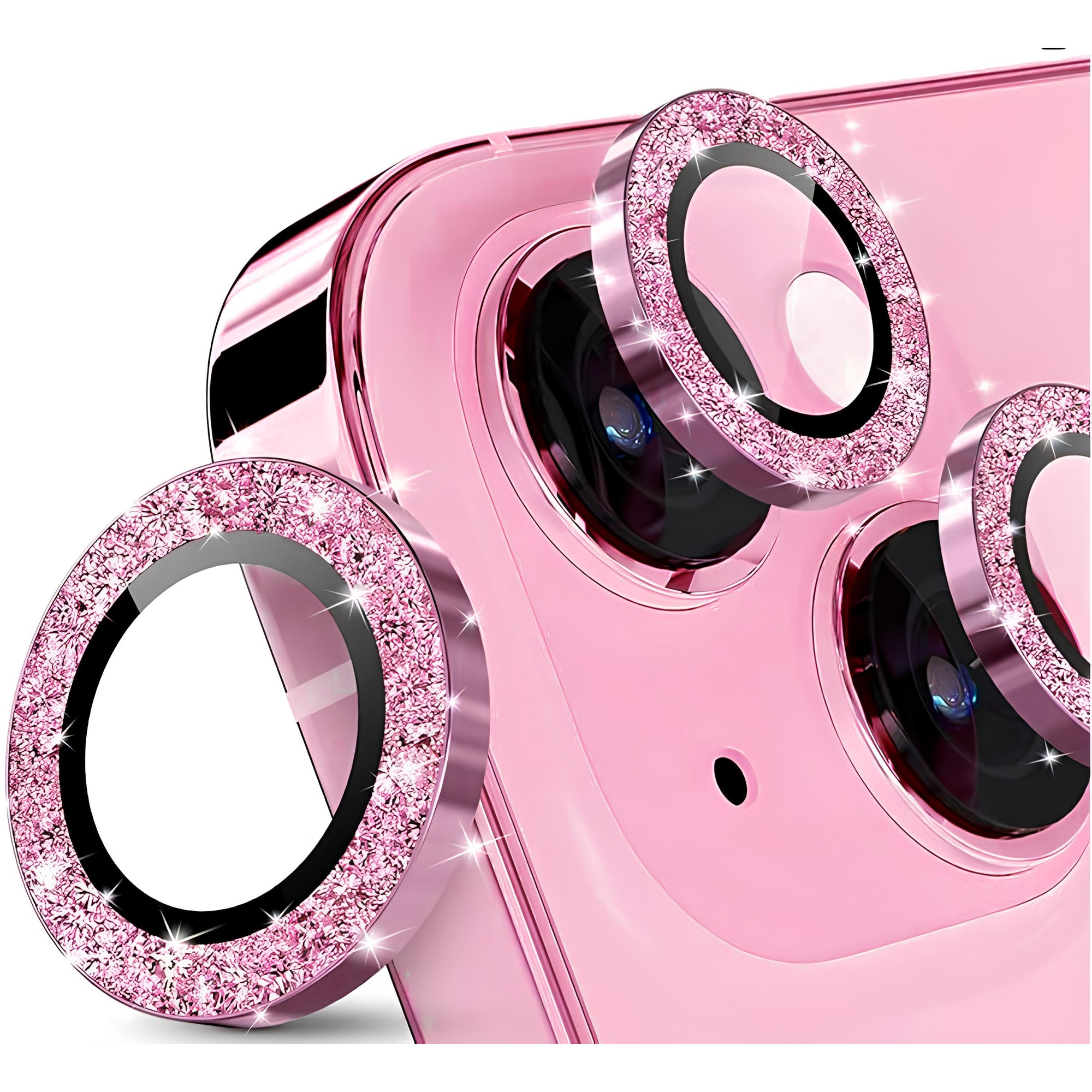 Folie Protectie Camera cu Sclipici pentru iPhone 14 / 14 Plus, Sticla Securizata, Aluminiu, 2 bucati, Ultra Slim, Duritate 9H, Anti Zgarieturi, Anti Amprente, Anti Socuri, Roz