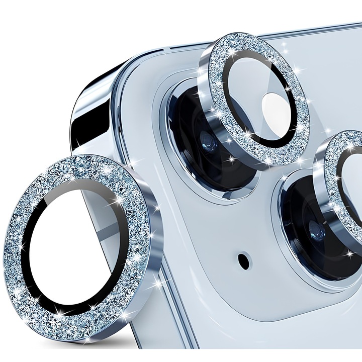 Folie Protectie Camera cu Sclipici pentru iPhone 13 / 13 Mini, Sticla Securizata, Aluminiu, 2 bucati, Ultra Slim, Duritate 9H, Anti Zgarieturi, Anti Amprente, Anti Socuri, Bleu