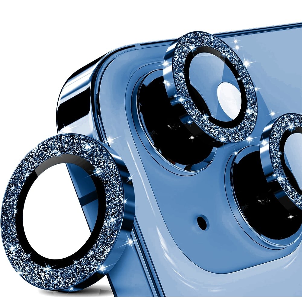 Folie Protectie Camera cu Sclipici pentru iPhone 13 / 13 Mini, Sticla Securizata, Aluminiu, 2 bucati, Ultra Slim, Duritate 9H, Anti Zgarieturi, Anti Amprente, Anti Socuri, Albastru