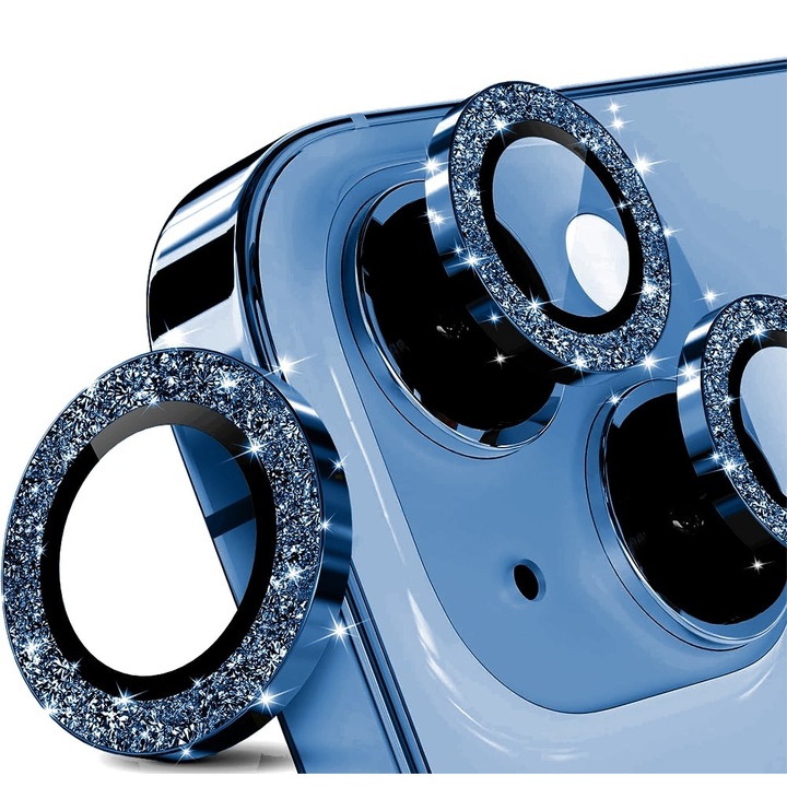 Folie Protectie Camera cu Sclipici pentru iPhone 13 / 13 Mini, Sticla Securizata, Aluminiu, 2 bucati, Ultra Slim, Duritate 9H, Anti Zgarieturi, Anti Amprente, Anti Socuri, Albastru