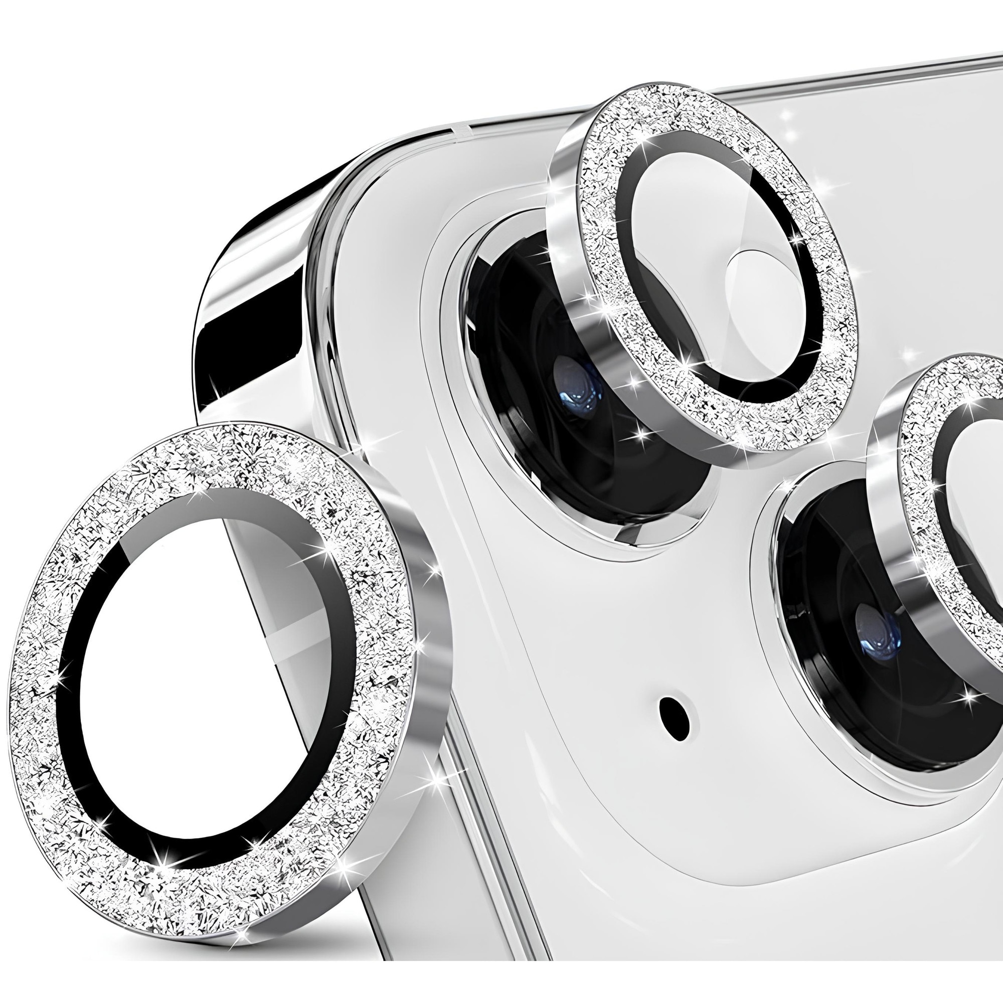 Folie Protectie Camera cu Sclipici pentru iPhone 13 / 13 Mini, Sticla Securizata, Aluminiu, 2 bucati, Ultra Slim, Duritate 9H, Anti Zgarieturi, Anti Amprente, Anti Socuri, Argintiu