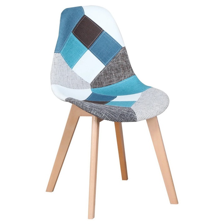 Scaun dining / bucatarie QMOBILI KORA ECO MOZ Albastru-Bleu, tapitat stofa, picioare lemn fag natur