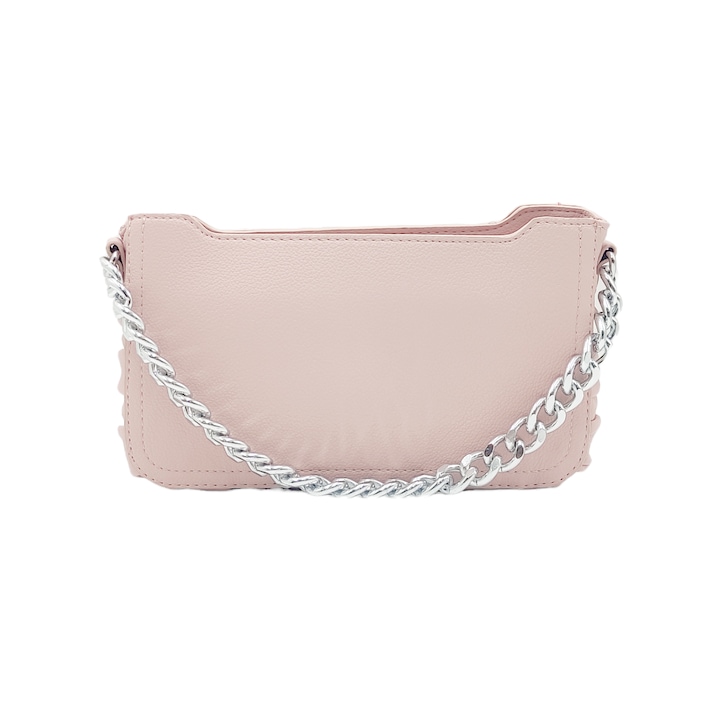 Geanta dreptunghiulara roz pudrat din piele ecologica accesorizata cu lant argintiu, dimensiuni 24 x 7 x 14 cm