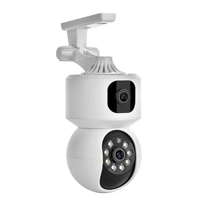 Камера с двоен обектив, 4MP PTZ, WALALLA, 2.4G WIFI, iCam365 APP, Детекция на движение, Гласов интерком, Цветно нощно виждане, Възпроизвеждане на видео от мобилен телефон, 64G TF карта, Бял