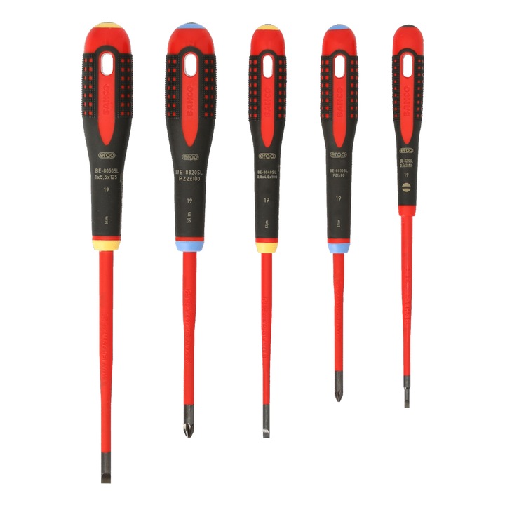 Set de 5 surubelnite izolate ERGO, Bahco, otel, lama fina pentru suruburi drepte si Pozidriv, rosu/negru