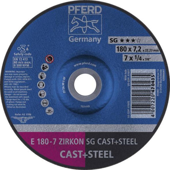 Disc abraziv Pferd ZA30S SG, pentru otel si fonta, 178x7,2mm