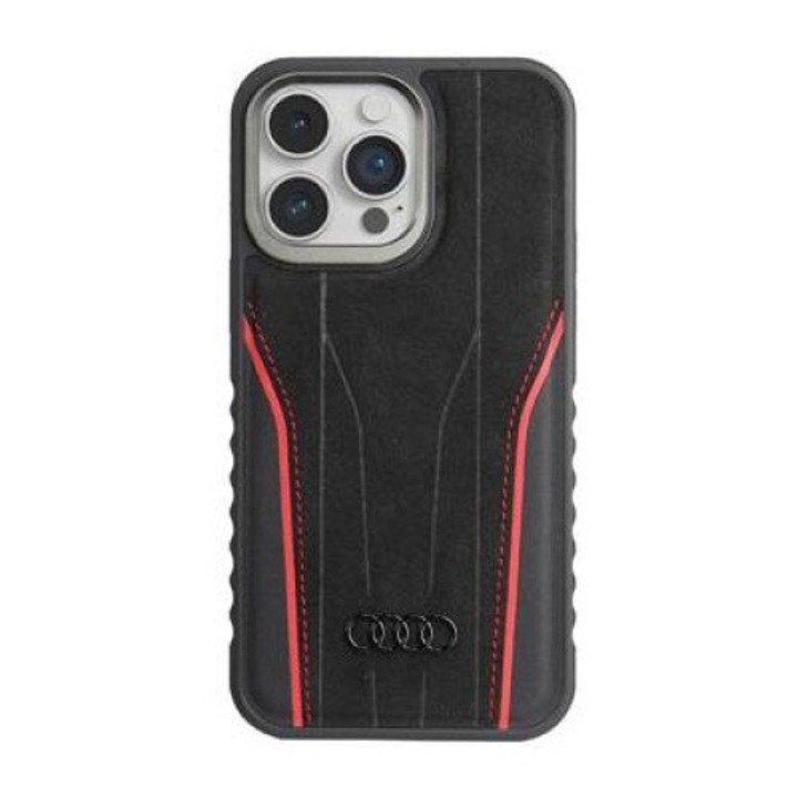 Audi telefontok, Természetes bőr, iPhone 15 Pro Max kompatibilis, MagSafe, fekete-piros, 115x220x25mm
