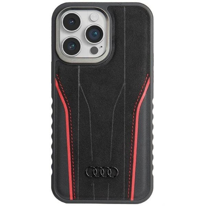 Védőburkolat iPhone 14 Pro Max, Audi, Természetes bőr, Fekete / Piros