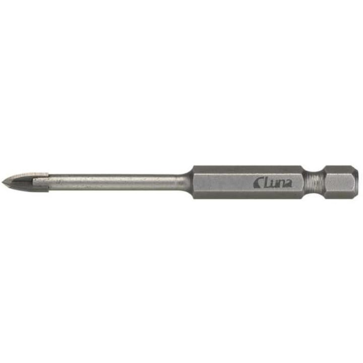 Burghiu pentru tigla/sticla, Luna, Varf carbura, Tija hexagonala 1/4", 6 mm, 80 mm, Gri