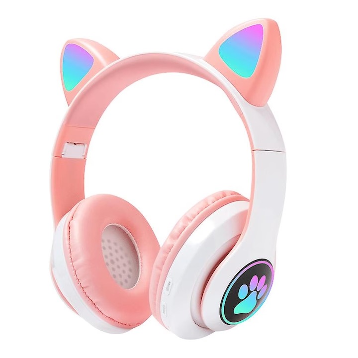 Vezeték nélküli fejhallgató akkumulátorral, mikrofonnal, FM rádió, SD kártyanyílás, USB töltés, Bluetooth, macskafül, rózsaszín