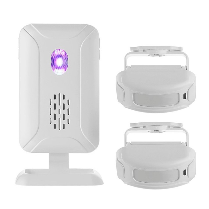 Alarma cu senzor de miscare, WALALLA, infrarosu, 5 moduri, difuzoare duale, 113db, sonerie cu senzor de alarma pentru deschiderea casei/restaurantului/magazinului, alba