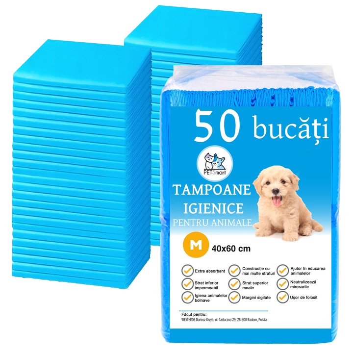 Set de 50 de covorase igienice absorbante GALAXIA® pentru caini cu margini sigilate pentru prevenirea scurgerilor de lichid, albastru si alb, strat inferior impermeabil, dimensiune 40 x 60 cm