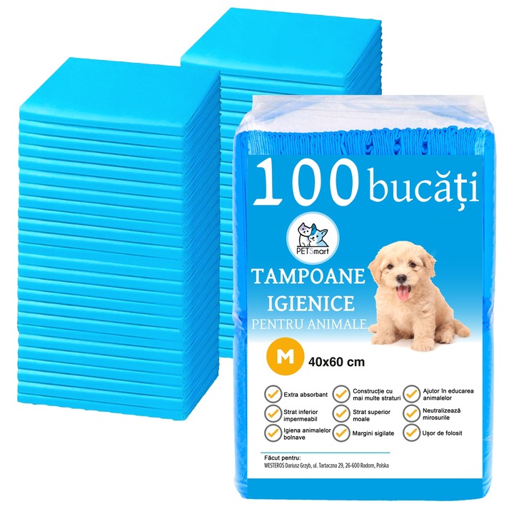 Set de 100 de covorase igienice absorbante GALAXIA® pentru caini cu margini sigilate pentru prevenirea scurgerilor de lichid, albastru si alb, strat inferior impermeabil, dimensiune 40 x 60 cm