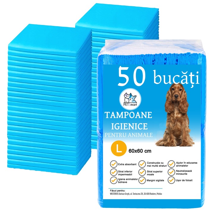 Set de 50 de covorase igienice absorbante GALAXIA® pentru caini cu margini sigilate pentru prevenirea scurgerilor de lichid, albastru si alb, strat inferior impermeabil, dimensiune 60 x 60 cm