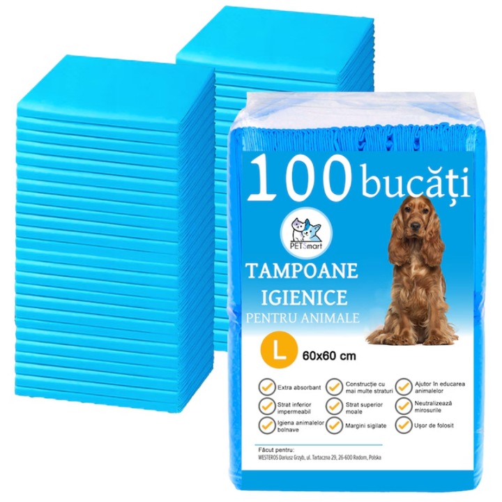 Set de 100 de covorase igienice absorbante GALAXIA® pentru caini cu margini sigilate pentru prevenirea scurgerilor de lichid, albastru si alb, strat inferior impermeabil, dimensiune 60 x 60 cm