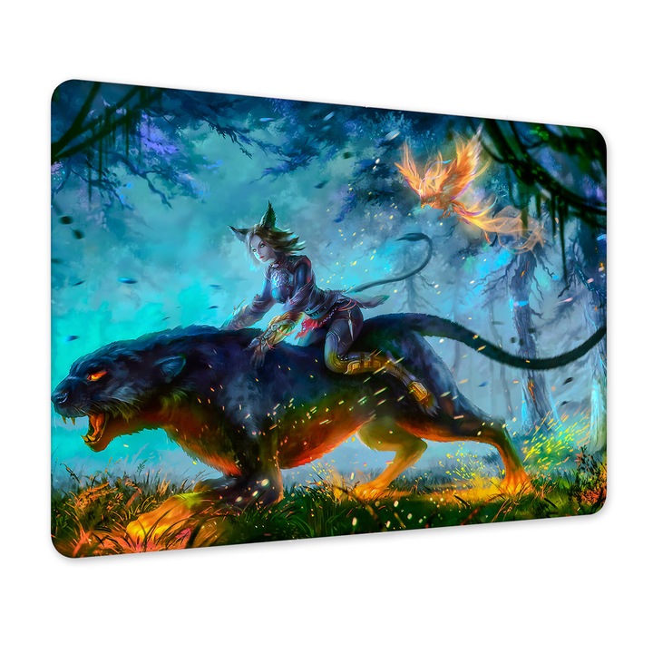 Tablou din aluminiu, Femeia pisica leul magic si pasarea pheonix, NO531, Sidef, 19.5 x 29.5 cm, Multicolor