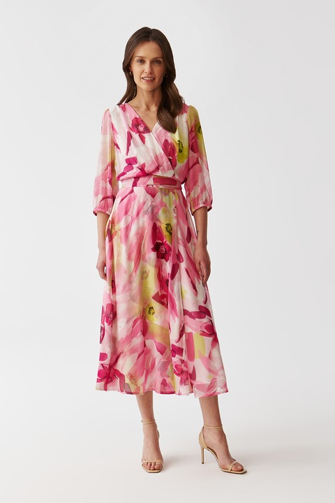 Tatuum, Virágos átlapolt ruha megkötővel a derékrészen, Sárga/Rózsaszín