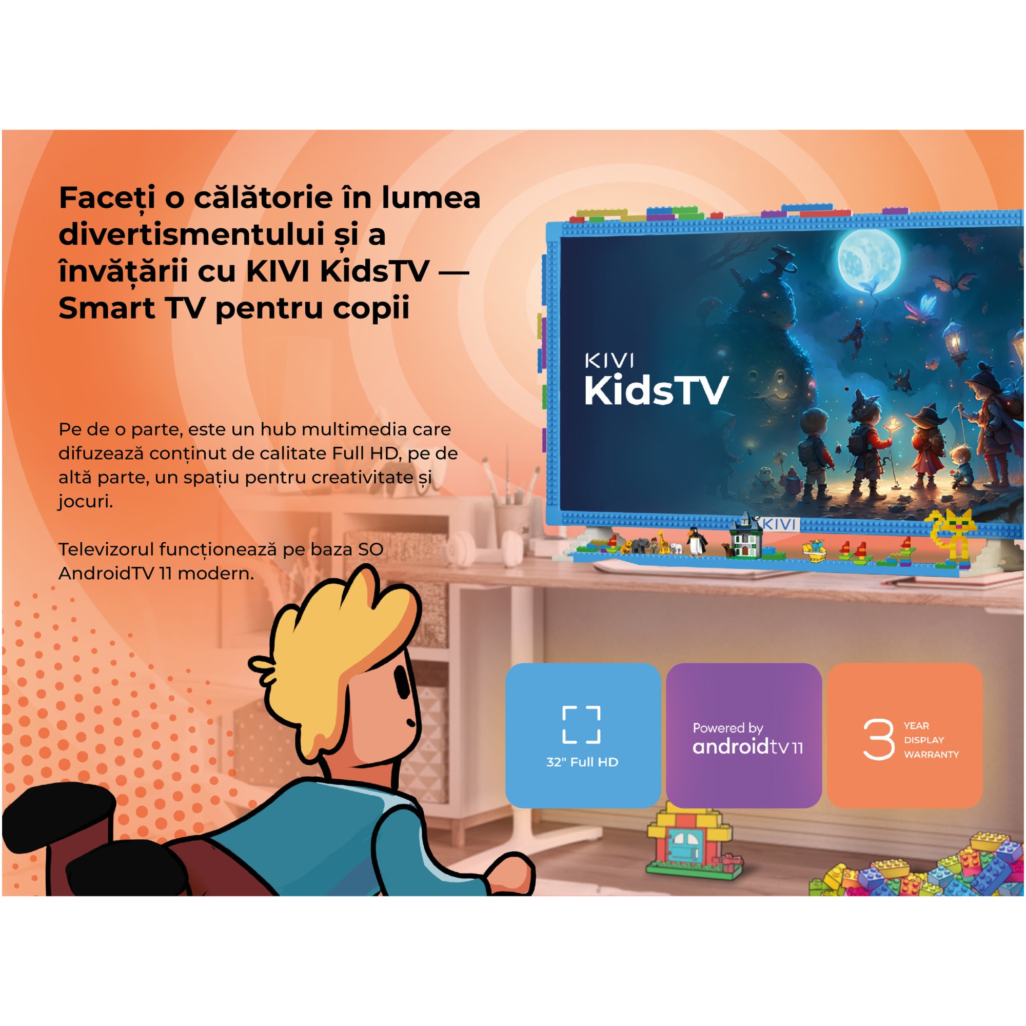 Televizor KIVI LED KIDSTV, 80 cm, Smart Android TV, Full HD, Clasa E