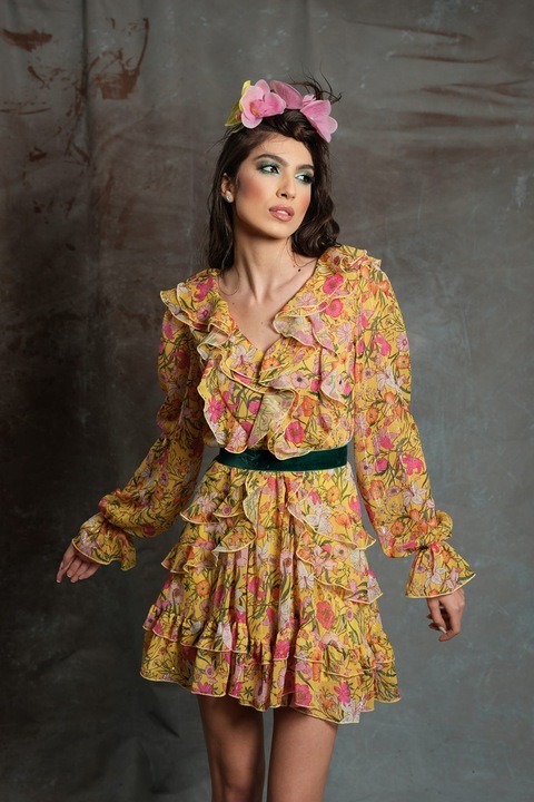 MIAU by Clara Rotescu, Rochie din amestec de matase cu garnituri cu volane Giulietta, Galben, 42