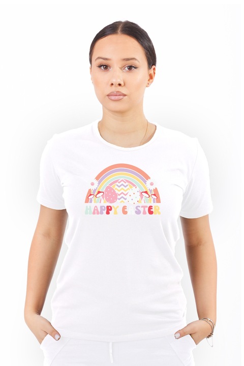 Дамска тениска персонализирана с изображение на дъгата Честит Великден, Памук, Бяла, 2XL