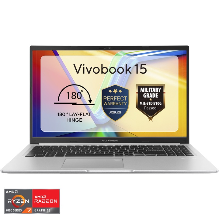 Laptop ASUS Vivobook 15 M1502YA cu procesor AMD Ryzen™ 7 7730U pana la 4.5GHz, 15.6'', Full HD, IPS, 16GB DDR4, 512GB SSD, AMD Radeon™ Graphics, No OS, Cool Silver