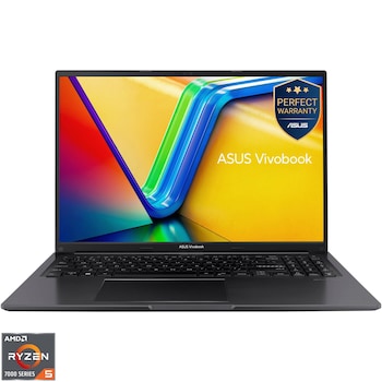 Laptop ASUS Vivobook 16 M1605YA cu procesor AMD Ryzen 5 7430U pana la 4.3GHz, 16'', WUXGA, IPS, 16GB DDR4 RAM, 512GB SSD, AMD Radeon Graphics, No OS, Indie Black