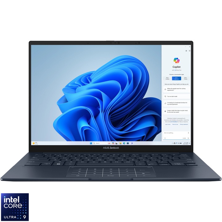 Laptop ASUS Zenbook 14 OLED UX3405MA cu procesor Intel® Core™ Ultra 9 185H pana la 5.1GHz, 14'', 3K, OLED, Touch, 120Hz, 32GB LPDDR5X, 1TB SSD, Intel® Arc™ Graphics, Windows 11 Pro, Ponder Blue