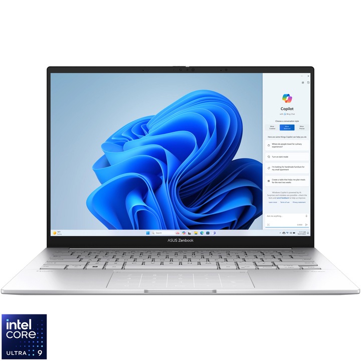 Лаптоп ASUS Zenbook 14 OLED UX3405MA, Intel® Core™ Ultra 9 185H, 14'', 3K, OLED, 120Hz, 32GB LPDDR5X, 1TB SSD, Intel® Arc™ Graphics, Windows 11 Pro, Foggy Silver