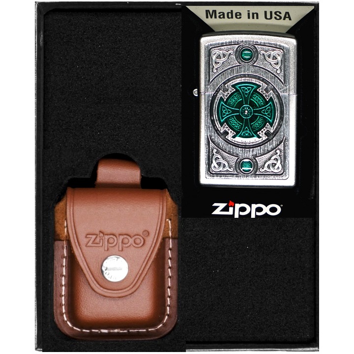 Set Bricheta Zippo, Etui Piele Maro, Metal, in Cutie Cadou