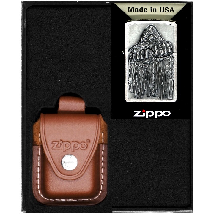 Set Bricheta Zippo Game Over Emblem, Etui Piele, Metal, Maro