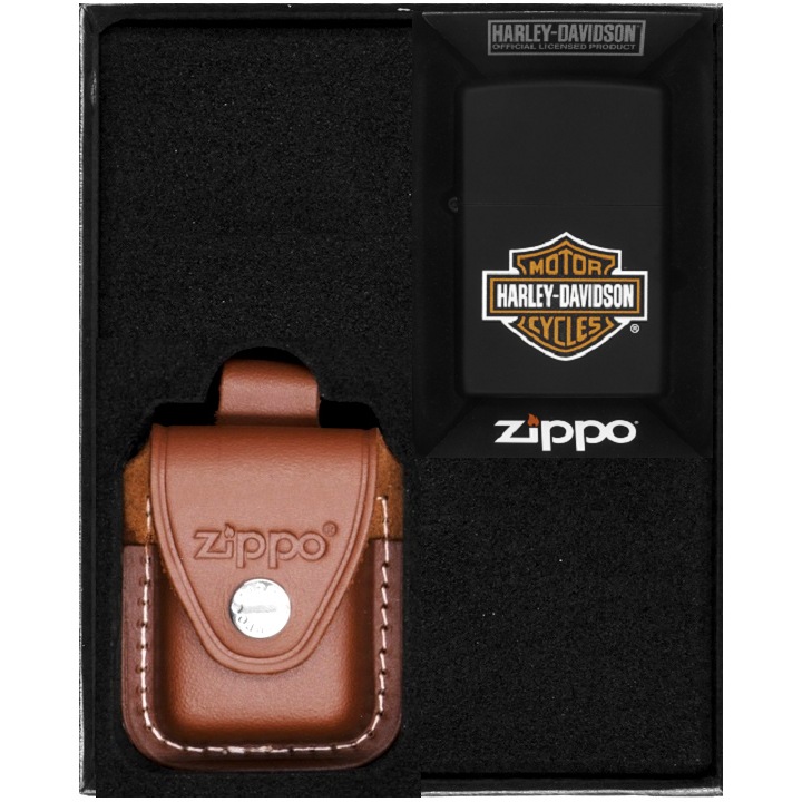 Set Bricheta Zippo Harley Davidson, Etui Piele Maro, Metal, in Cutie Cadou