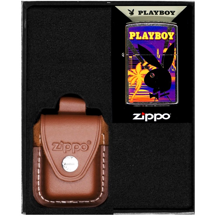 Set Bricheta Zippo Playboy Design, Multicolor, in Etui din Piele Naturala, Cutie Cadou