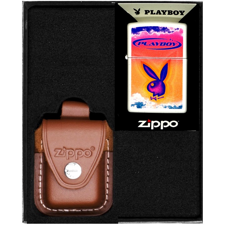 Set Zippo Playboy, bricheta benzina, multicolor, etui piele naturala, in cutie cadou