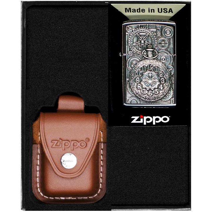 Set Bricheta Zippo, Etui Piele Maro, Metal, Rezistenta la Vant, in Cutie Cadou