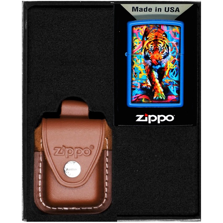 Set Zippo Tiger, Bricheta, Multicolor, in Etui din Piele Naturala, in Cutie Cadou