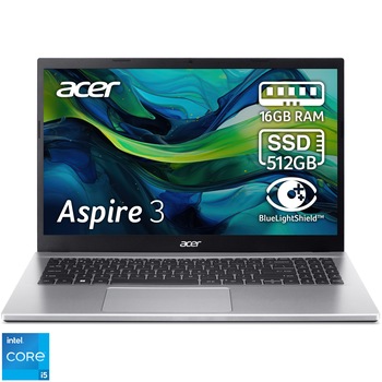 Laptop Acer Aspire 3 A315-59-589S cu procesor Intel Core i5-1235U pana la 4.4GHz, 15,6", Full HD, 16GB RAM, 512GB SSD, Intel Iris Xe Graphics, No OS, Pure Silver