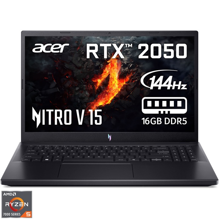 Acer Nitro V15 ANV15-41-R6DB Gaming laptop AMD Ryzen™ 5 7535HS processzorral akár 4,55 GHz-ig, 15,6" Full-HD, IPS 144 Hz, 16 GB DDR5, 512 GB SSD, VIDIA® Geforce® RTX™ 2050 4GB GDDR6, No OS , Fekete