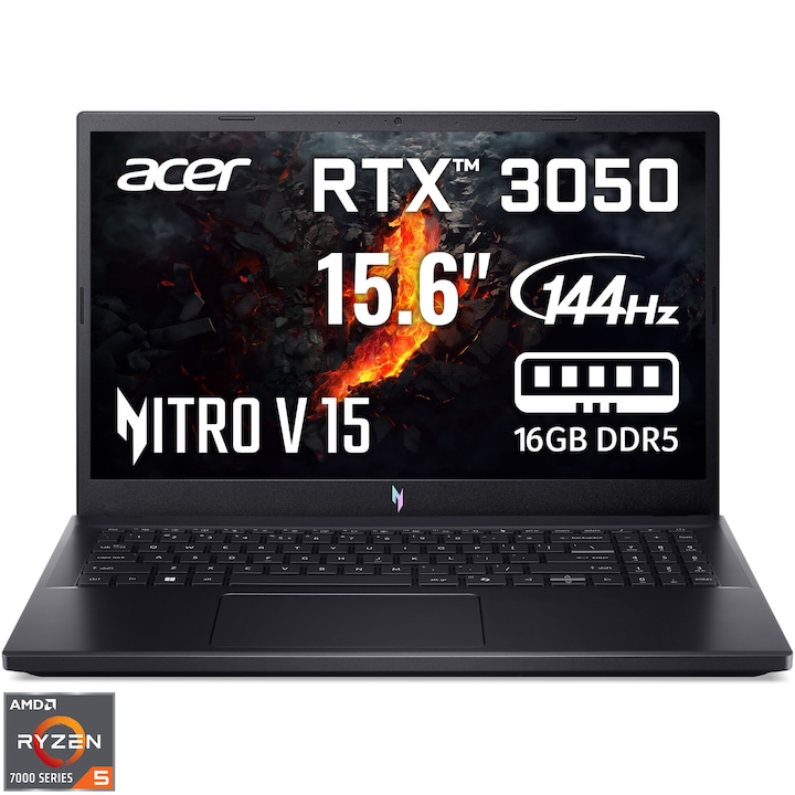 Laptop Acer Gaming Nitro V15 ANV15-41-R6TB cu procesor AMD Ryzen™ 5 7535HS pana la 4.55GHz, 15.6'', Full HD, IPS, 144Hz, 16GB DDR5 RAM, 512GB SSD, NVIDIA® GeForce RTX™ 3050 6GB GDDR6, No OS, Obsidian Black