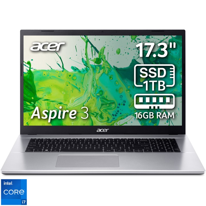 Acer Aspire 3 A317-54-78BK laptop Intel® Core™ i7-1255U processzorral 4,7 GHz-ig, 17,3" Full HD, 16 GB DDR4, 1 TB SSD, Intel® Iris® Xe Graphics, No OS, Ezüst