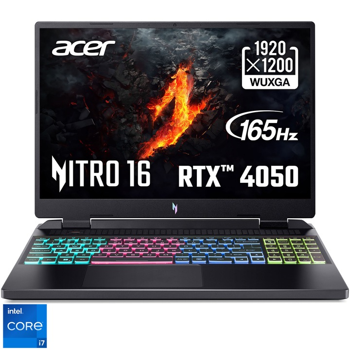 Laptop Gaming Acer Nitro 16 AN16-51-70QL cu procesor Intel® Core® i7-13620H pana la 4.9GHz, 16", WUXGA, 165Hz, IPS, 16 GB DDR5, 1TB SSD, NVIDIA® GeForce RTX™ 4050 6GB GDDR6, No OS, Black