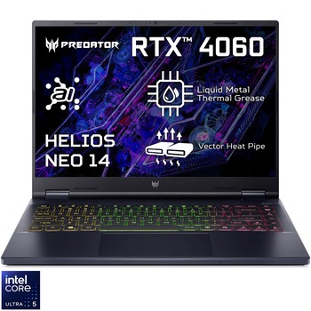 Laptop Gaming Acer Predator Helios Neo 14 PHN14-51-51VM cu procesor Intel Core Ultra 5 125H pana la 4.50GHz, 14.5", WQXGA, 120Hz, IPS, 16GB LPDDR5X, 512GB SSD, NVIDIA GeForce RTX 4060 8GB GDDR6, No OS, Abyssal Black