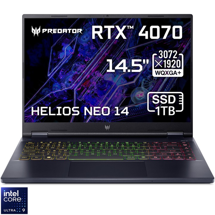 Laptop Gaming Acer Predator Helios Neo 14 PHN14-51-91WC cu procesor Intel® Core™ Ultra 9 185H pana la 5.1 GHz, 14.5" , WQXGA+, 165Hz, IPS, 32GB LPDDR5X, 1TB SSD, NVIDIA® GeForce RTX™ 4070 8GB GDDR6, No OS, Abyssal Black