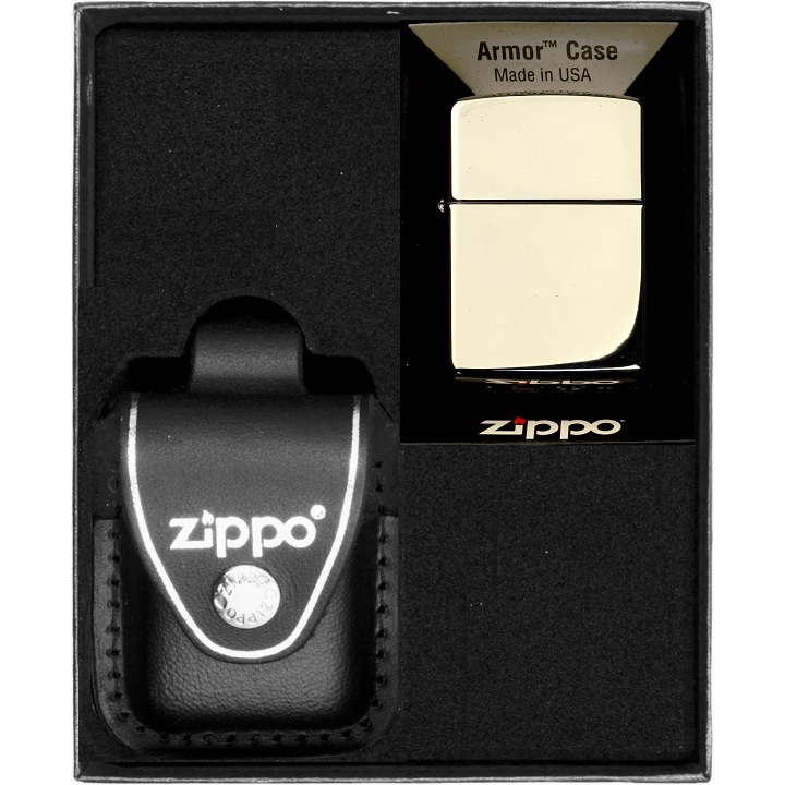 Set Zippo, Bricheta si Etui din Piele Naturala, Multicolor, in Cutie Cadou