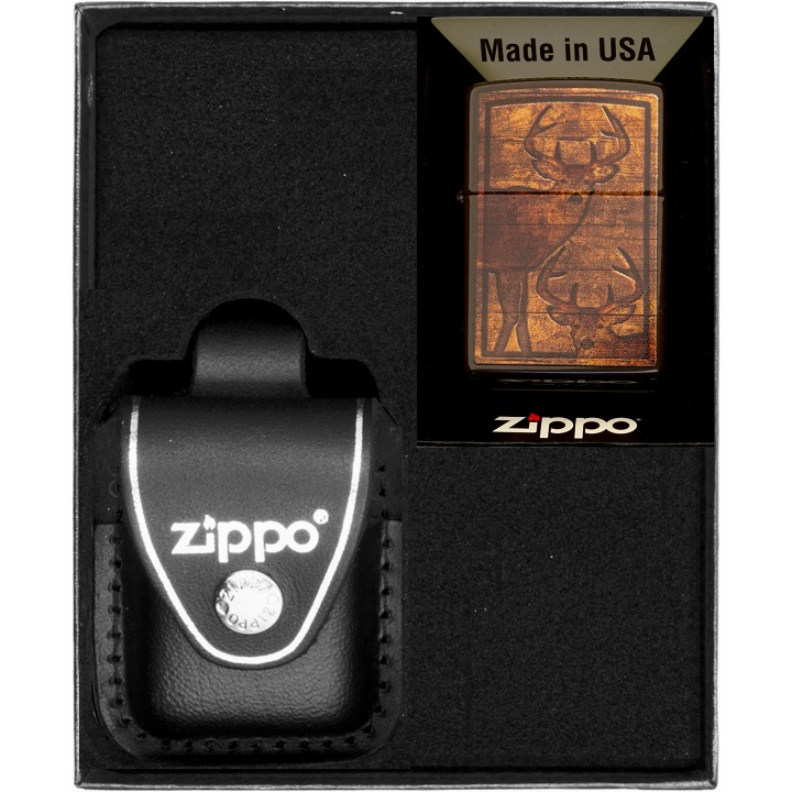 Set Zippo, Bricheta si Etui din Piele Naturala, Multicolor, in Cutie Cadou