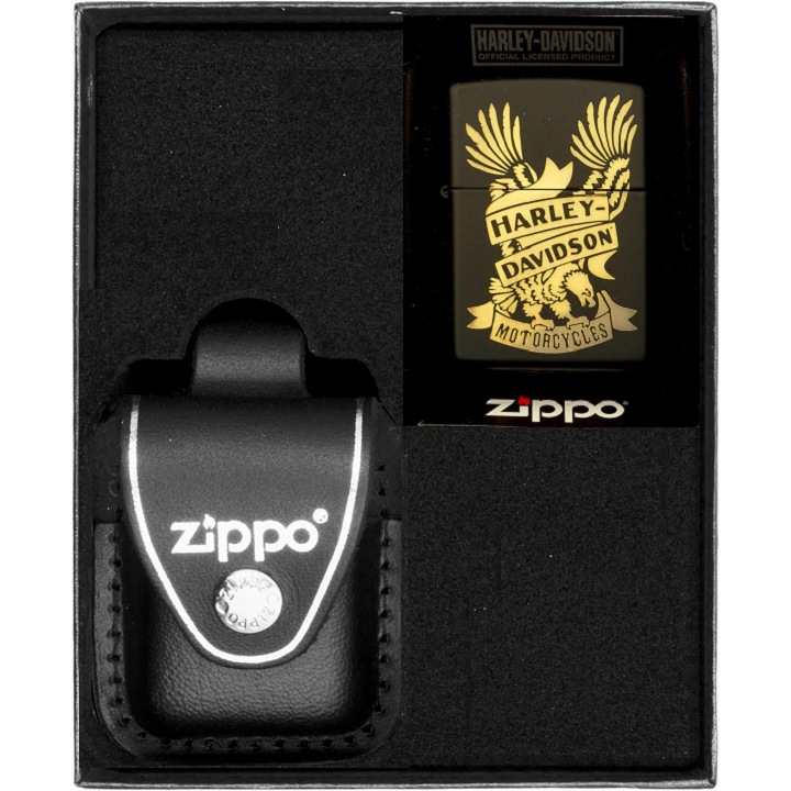 Set Zippo, Harley Davidson Eagle, bricheta rezistenta la vant, etui piele, multicolor