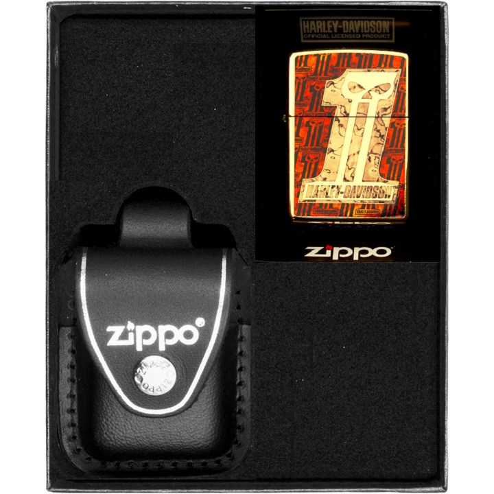 Set Zippo Harley Davidson One, bricheta si etui piele, multicolor, in cutie cadou