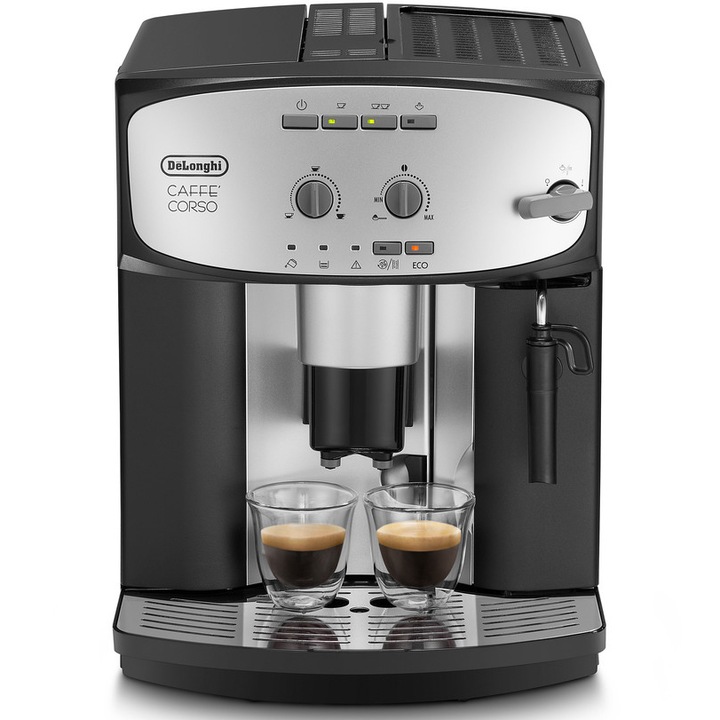 Espressor automat De'Longhi Caffe Corso ESAM 2800, Sistem manual de spumare, Rasnita cu 13 setari, 15 Bar, 1.8 l, Negru – Argintiu
