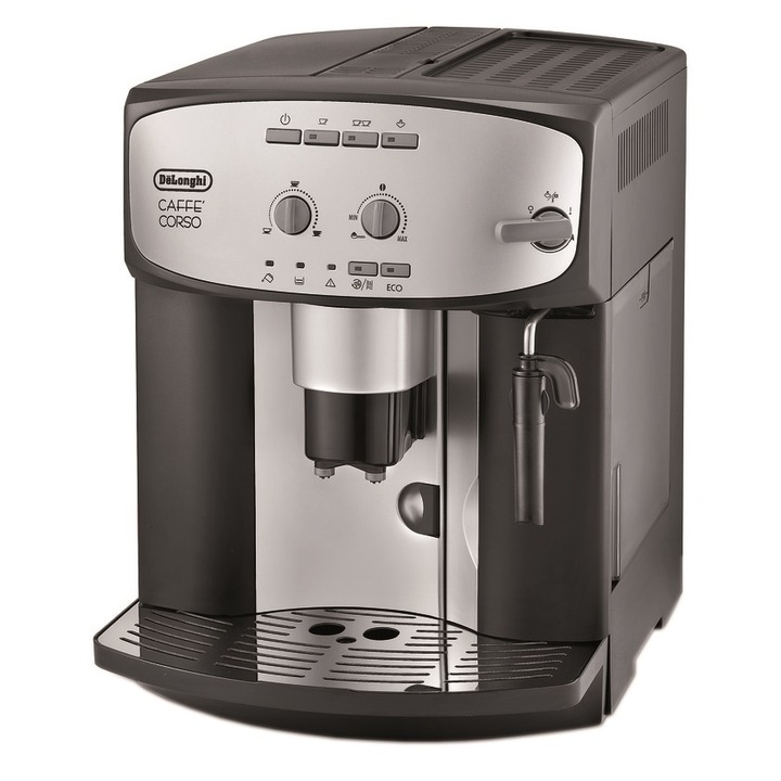 Espressor automat De'Longhi Caffe Corso ESAM 2800, Sistem manual de spumare, Rasnita cu 13 setari, 15 Bar, 1.8 l, Negru – Argintiu