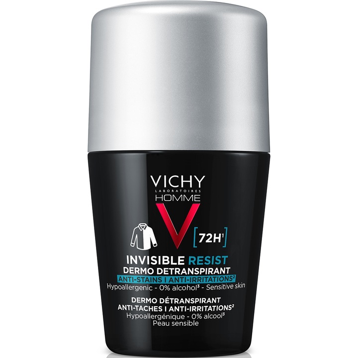 Deodorant roll-on antiperspirant 72H pentru bărbați Vichy Homme anti-urme si anti-iritatii​, 50 ml