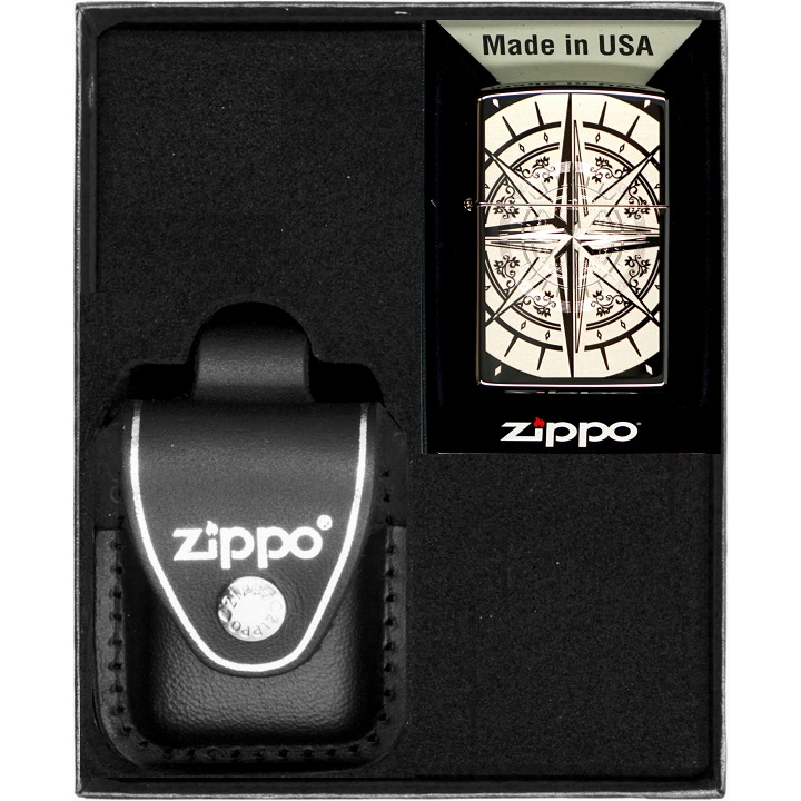 Set Zippo, bricheta si etui din piele naturala, negru, in cutie de cadou